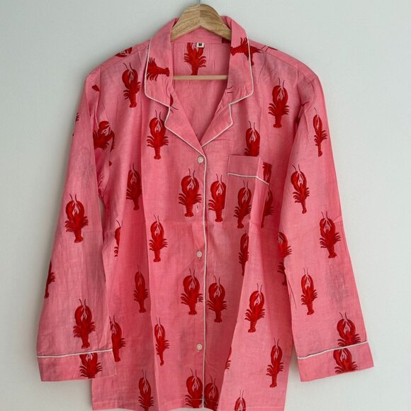 BRAND NEW Hand Block Printed Cotton Pajama Set: Pink Lobster Sleepwear - Picture 4 of 9